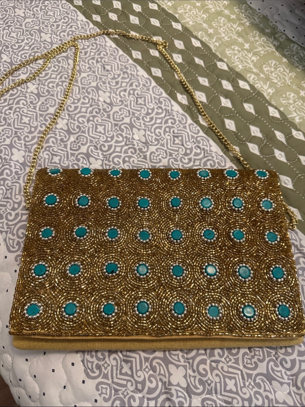 Gold Beaded Shoulder Bag with Turquoise Accents